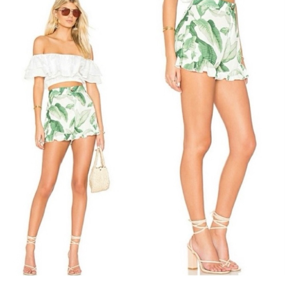 Show Me Your MuMu Green Leaf Print High Waist Shorts